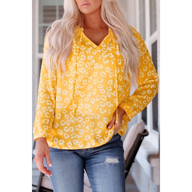 ABPHQTO Blusa de mujer con cuello en V y cordón con estampado floral amarillo