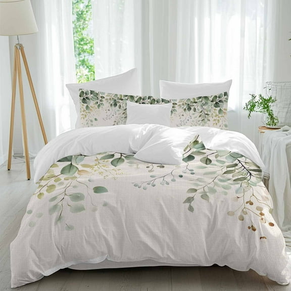 Eucalyptus Leaf Duvet Cover Set Twin Size Country Plant Linen Texture Soft Lightweight Comforter Covers 4 Piece Bedding Set with 1 Duvet Cover 1 Bed Sheet & 2 Pillow Shams