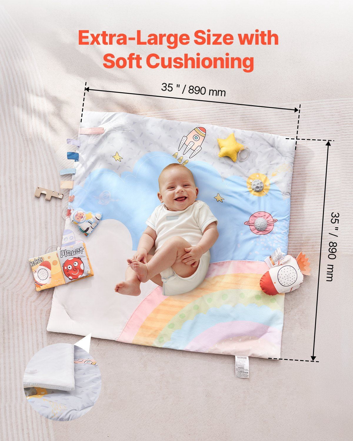 Baby Play Gym Mat with 6 Sensory Toys and Light Up Musical Rocket Toy for Newborn Infant 0 to 18 Months Motor Skill Development Essential Gift
