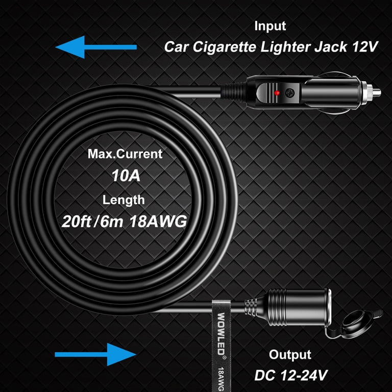 max current car cigarette lighter UCINNOVATE 18AWG 19.6ft/6m Cigarette Lighter Extension Cord, Pure Copper  Core Wire, 10A Fused Auto DC Power Plug Cable 12V/24V, Car Charger with  Socket for Max 120W Vacuum Cleaner Outdoor Camping