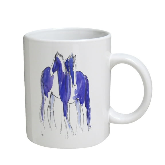 KuzmarK Coffee Cup Mug 11 Ounce -  Piebald Gypsy Cobs in Purple and Blue Abstract Horse Art by Denise Every