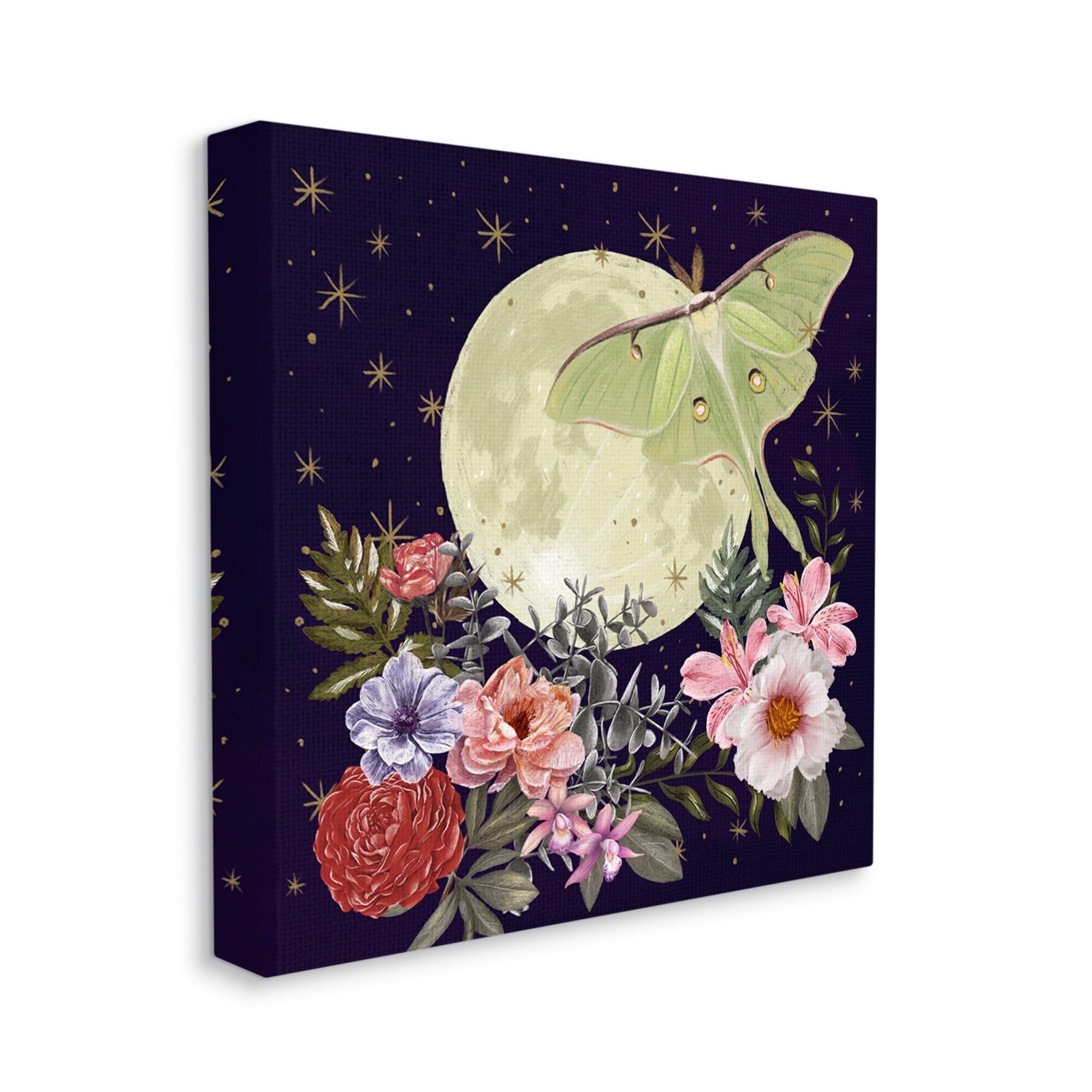 Stupell Industries Calming Nighttime Luna Moth Flying Moon Flowers Graphic Art Gallery Wrapped Canvas Print Wall Art, Design by Raquel Maciel