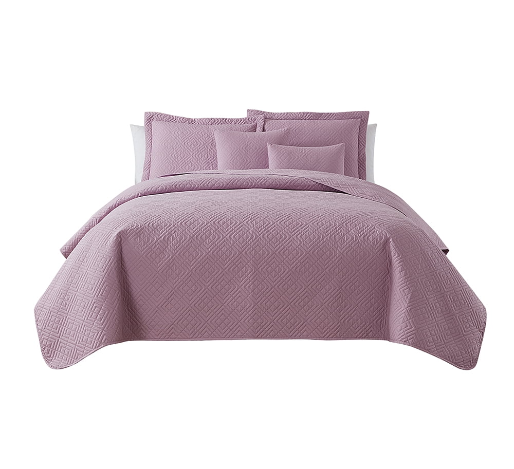 Nestl 5 Piece Quilt Set Queen , Soft Microfiber Lightweight Bedspread Coverlet, Modern Style Diamond Weave Bed Cover, Lavender Dream