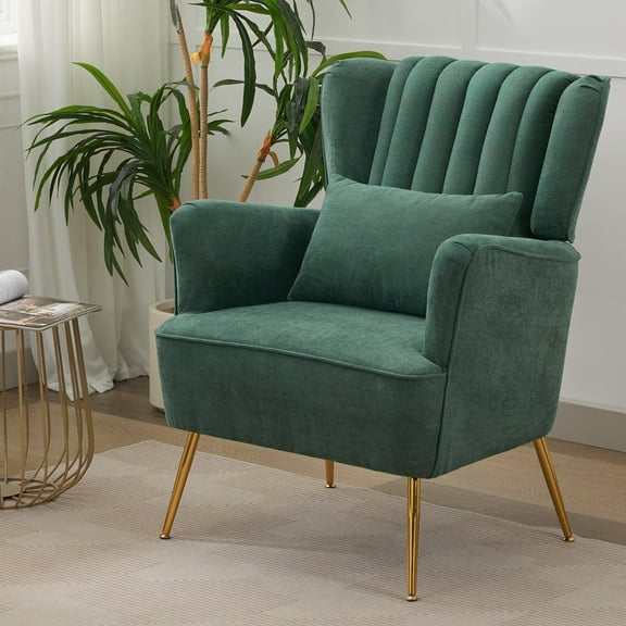 Modern Accent Chair, Upholstered Armchair with Pillow, Fabric Armchair for Living Room Bedroom Reading Room, Green