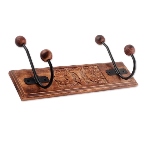 Hand-Carved Floral Wooden Coat Rack