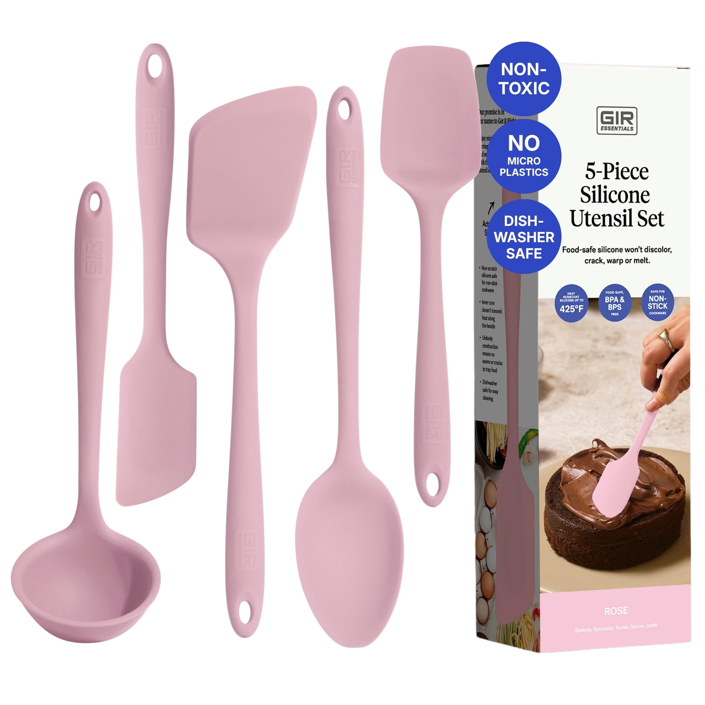 GIR Get It Right 5 Piece Essentials Silicone Cooking Utensils Set Nonstick Heat Resistant Kitchen Utensils for Cooking and Baking, Rose