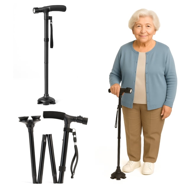 Bastón Plegable con Luz LED y Base Antideslizante | Altura Ajustable 85-97cm | Punta Giratoria 360° | Soporta 130kg | Bastón Ergonómico para Adulto Mayor Hombre Mujer