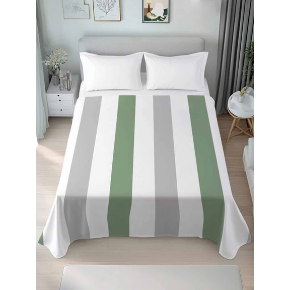 Sage Green Grey Striped Queen Size Flat Sheet, Wrinkleproof & Fadeproof Cooling Flat Bed Sheet Only, Minimalist Farmhouse Stripe Breathable Soft Bedding Top Sheets 90 x 102 Inches