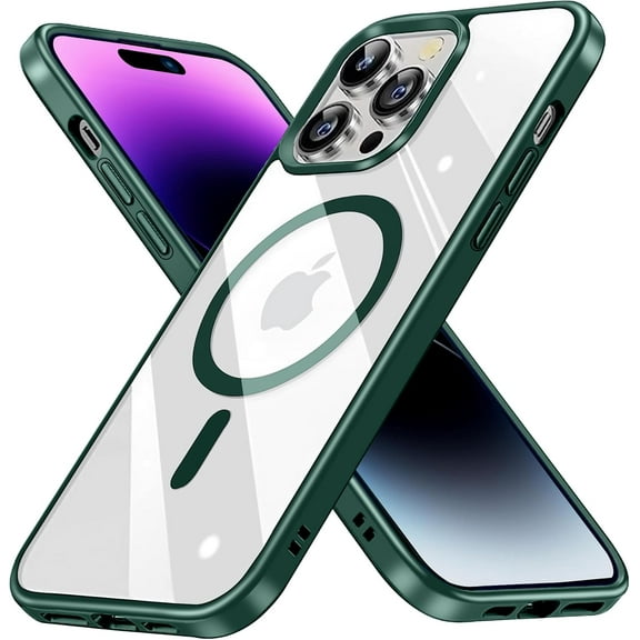 Clear Magnetic for iPhone 14 Pro Case, Compatible with MagSafe, [Not Yellowing] [Military Grade Protection] Slim Transparent Silicone Anti-Scratch Shockproof Phone Case for 14 Pro, Dark Green