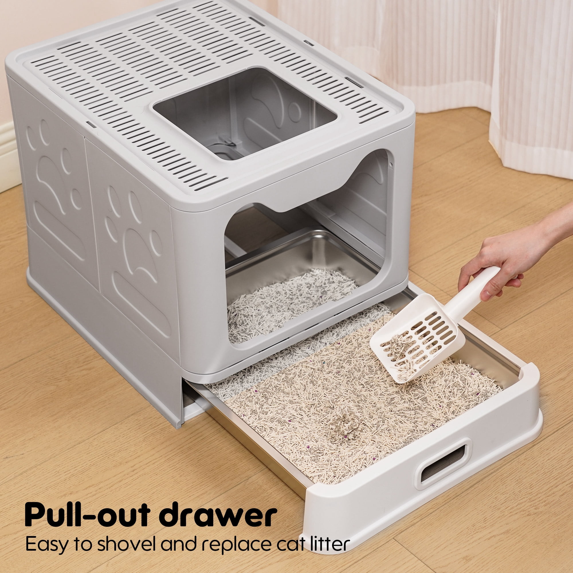 Enclosed Cat Litter Box with Lid & Stainless Steel Drawer Design for Indoor All Lifestyles Cats with Litter Scoop
