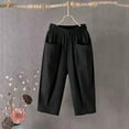 thumbnail image 5 of Stephy Women's Cotton and Linen Cropped Pants for Women In Summer Loose Large Size Linen Elastic Waist Small Feet Harem Pants Versatile Casual Pants Casual Cropped Pants, Black, L, 5 of 6