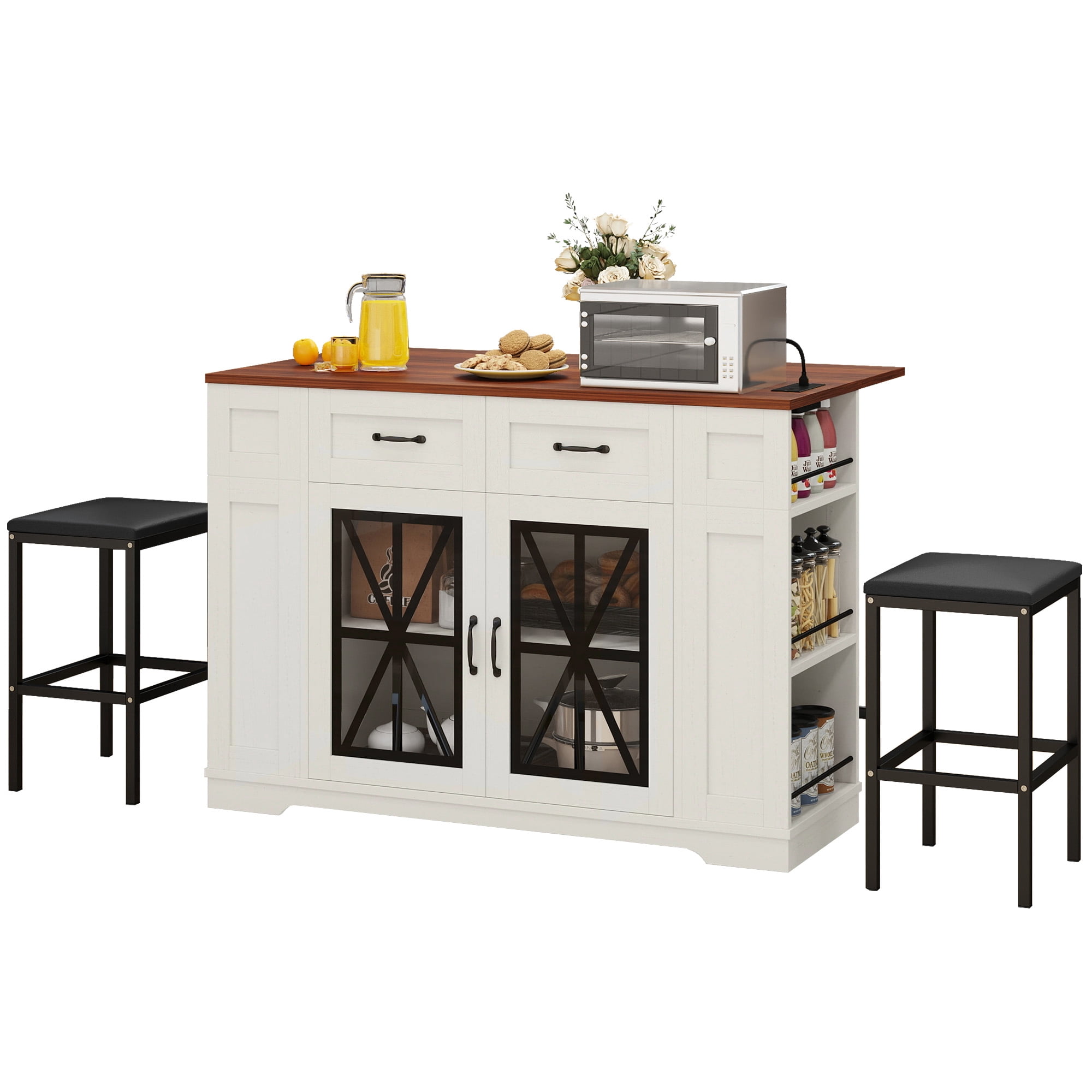 Uforic 47 Inch Storage Kitchen Island Island with Foldable Drop Leaf & Power Outlet, Spice Rack, 2 Upholstered Stools & Footrest for Kitchen Dining Room,Off White