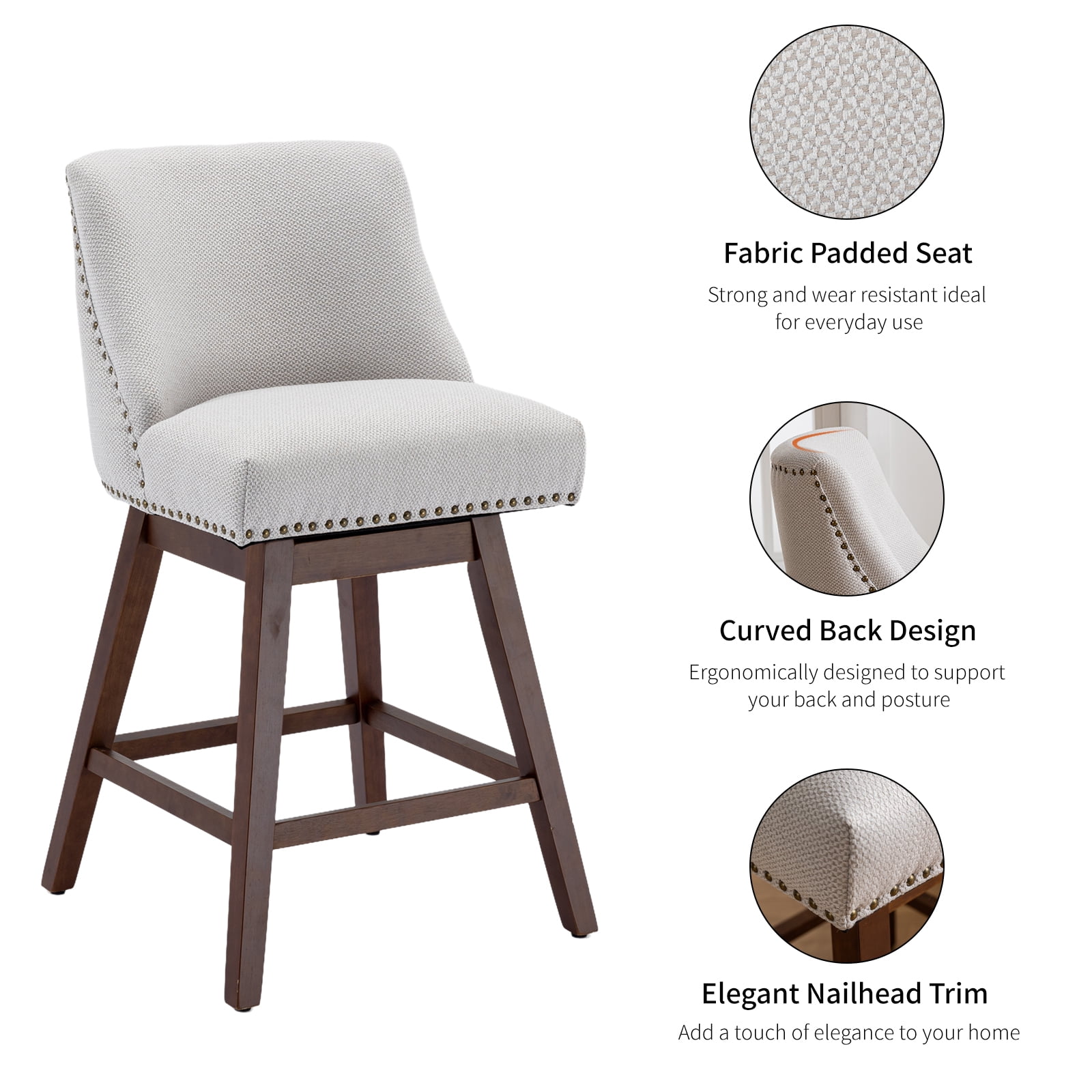 Modern Swivel Bar Stools Set of 4, Beige Counter Height Bar Stools with Back for Kitchen Island, Fabric Upholstered Island Chairs with Wood Legs, Barstool Chairs, Sillas para Barra de Cocina