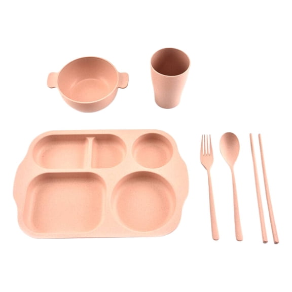6 Pcs Wheat Straw Plastic Divided Plates Set with Plate, Bowl, Cup, Spoon, Fork, Chopsticks for Office Lunch Trays for Human, Fast Food Trays / Cafeteria Trays Human Feeding Set, Pink