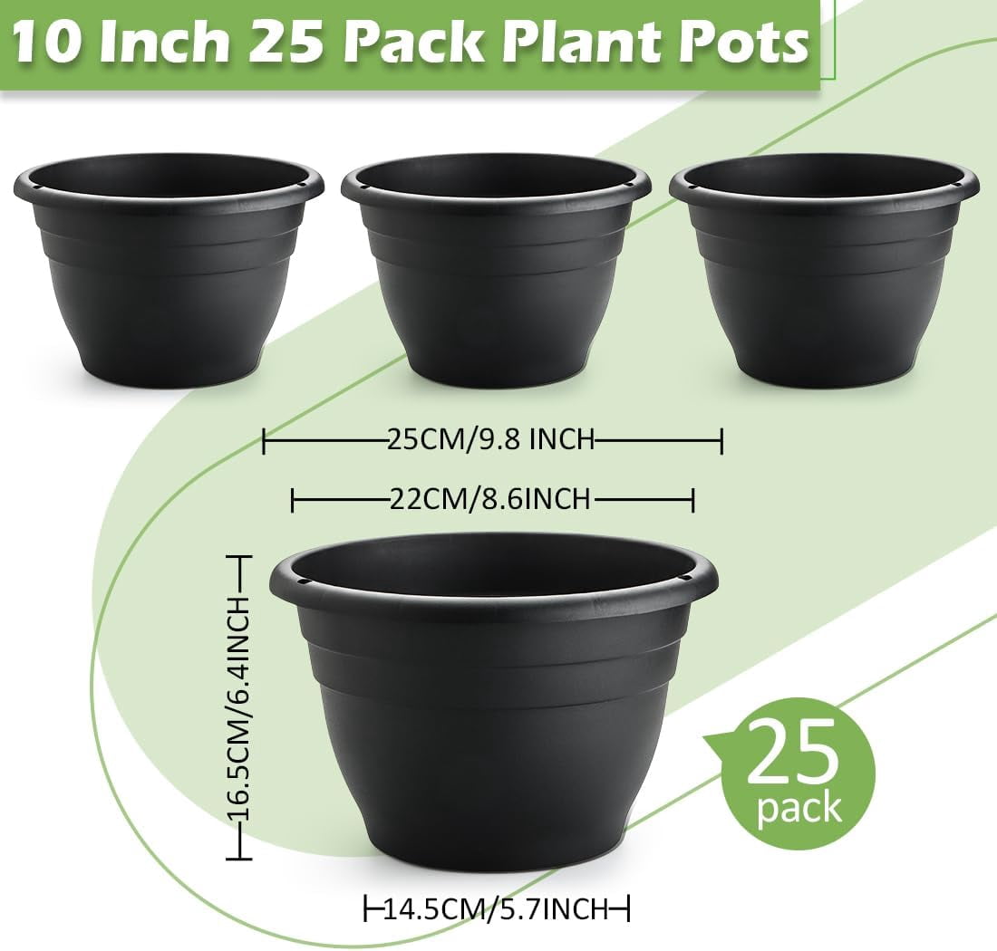 25 Pack 10 Inch Plant Pots with Drainage Holes,Black Plastic Flower Pots for Indoor & Outdoor Plants,Durable Lightweight Planters for Flowers,Herbs & Gardening