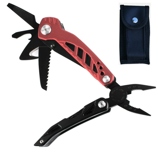 Morpilot Multitool Pliers, 14 IN 1 Stainless Steel Folding Pocket Knife Kit  with Durable Nylon Sheath for Survival, Camping, Hiking, Hunting, Fishing(Red  and Black) 
