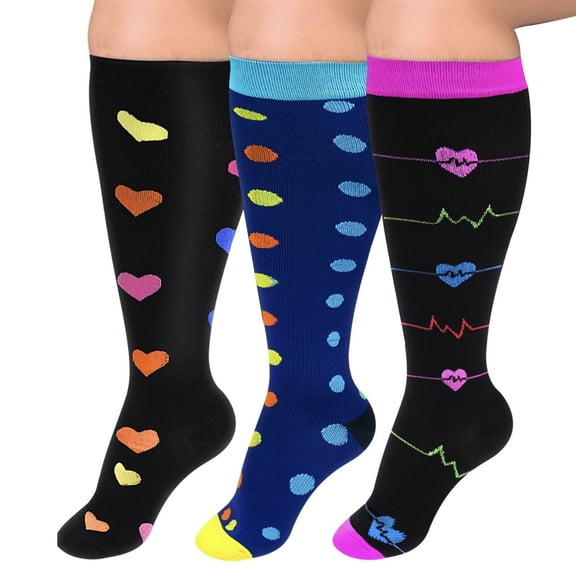 3pcs Plus Size Compression Socks for Women Extra Wide Calf Knee High Support Socks for Circulation，3XL-Style 16