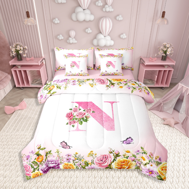 Erosebridal Ensembles de Literie Initiale Florale Format Simple, Ensembles de Douillette Fleur Papillon avec Draps, Déco de Chambre pour Ados, Réversible, Respirant, 7 Pcs