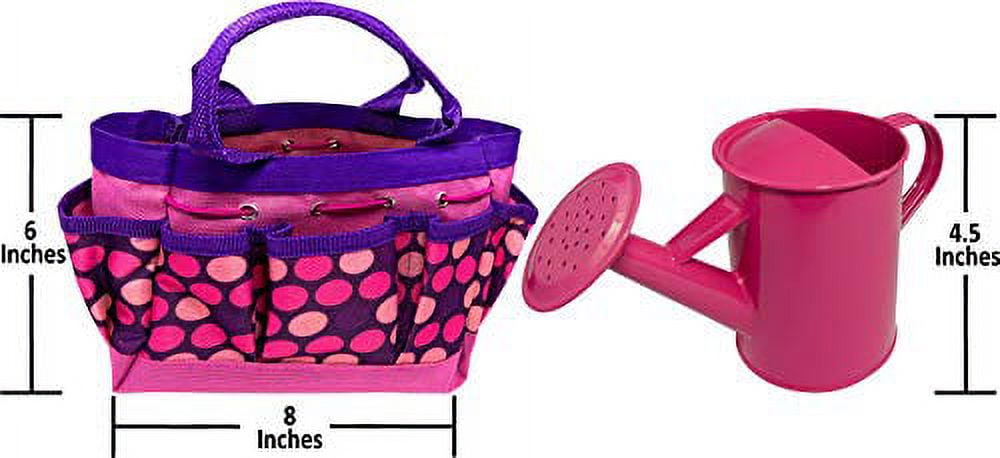 Kids Gardening Tool Set - Real Metal Child Sized Hand Tools with Wooden Handles & Safety Edges; Shovel, Rake & Pitch Fork - Plus Watering Can, Garden Gloves & Durable Canvas Carrying Bag. Pink