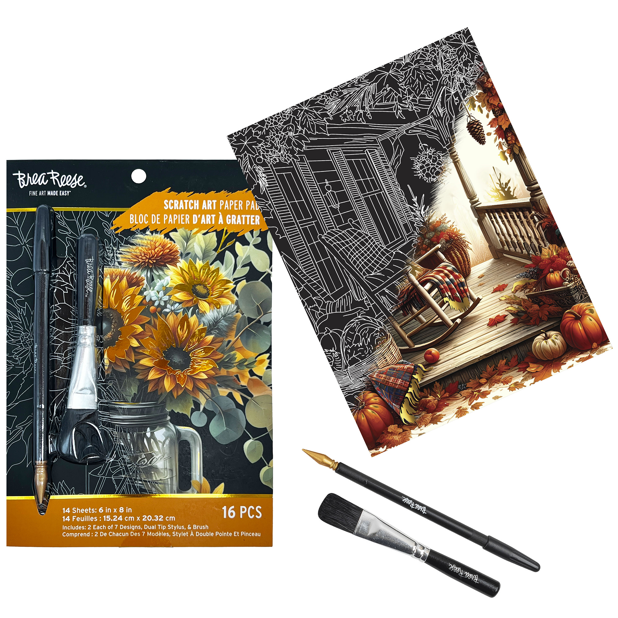 Brea Reese: Scratch Art Paper Pad - Fall Florals - 14 Sheets, 7 Guided Art Designs, Metallic Accents, Stylus & Brush, 6x8" Pages, DIY Adult Craft Kit