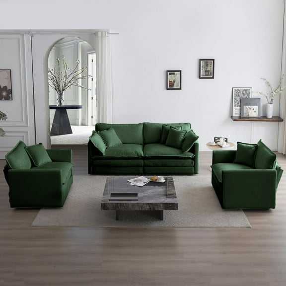 Newboti Furniture 3 Piece Sofa Set With Arm Pillows And Toss Pillows, Sofa Set Include 2- Piece Of Arm Chair And One 2-Seat Sofa, Space Saving Casual Sofa Set For Living Room, Green Chenille 0045