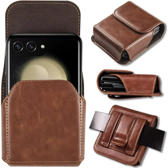 Holster Case Compatible Samsung Galaxy Z Flip 5,Z Flip 4,Z Flip 3,Z Flip,Motorola Razr Plus Case Belt,Premium Leather Moto Razr 2023 Case Holster Flip 5 Case for Galaxy Z Flip 5 Holster Brown