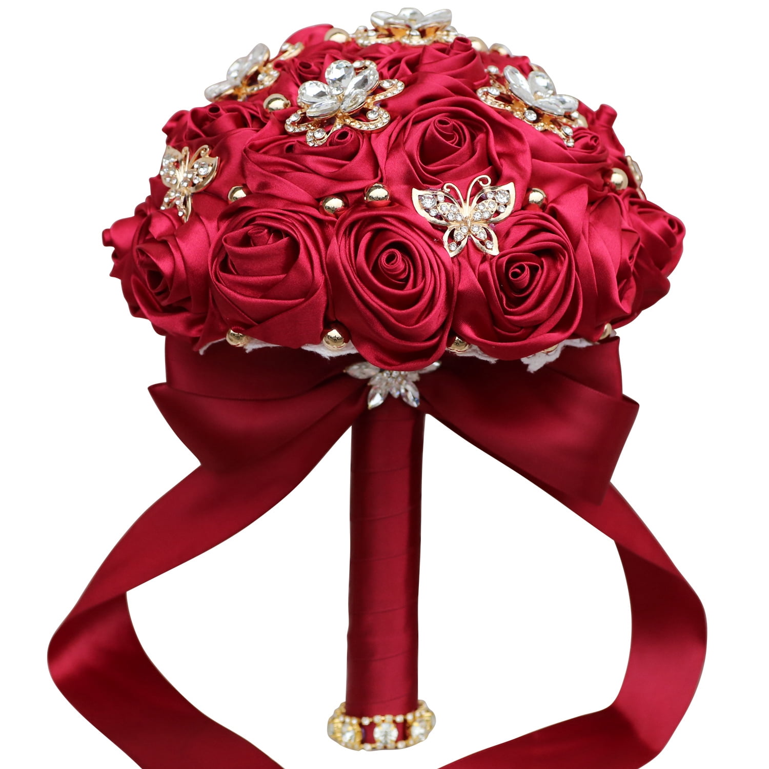 Nvzi-a Bridal Holding Wedding Bouquet Bridesmaid Satin Rose Artificial Pearls Satin Ribbons Wedding Floral Bouquet,Red
