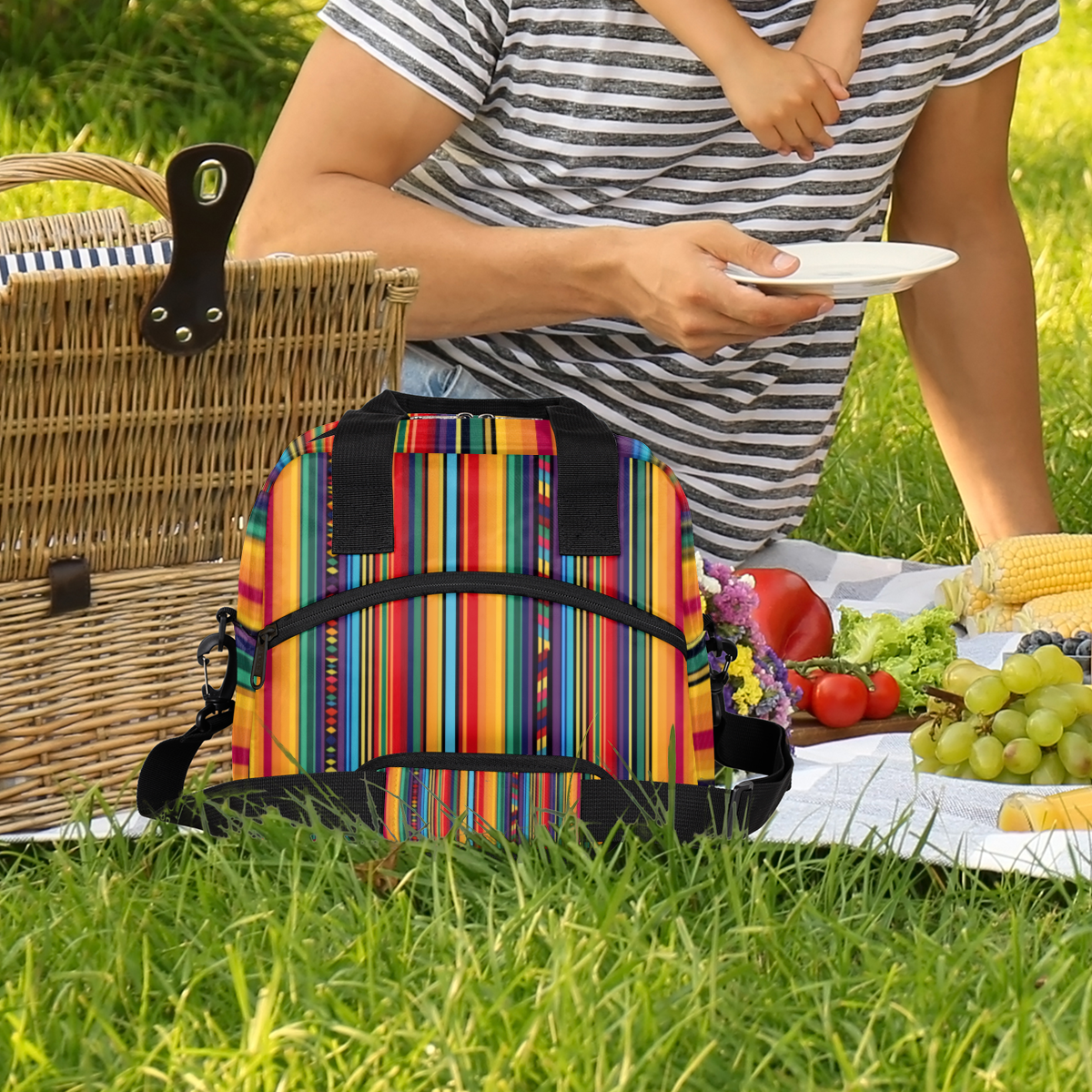 Herdesigns Boho Colorful Striped Insulated Lunch Bag for Women Men Adults Large Reusable Lunch Box Leakproof Portable Cooler Tote Bags with Adjustable Shoulder Strap