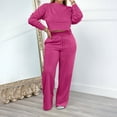thumbnail image 3 of 2 Piece Sweatsuit for Women Long Sleeve Crew Neck Cropped Sweatshirt Wide Leg Pants Solid Casual Loose Loungewear Set, Hot Pink, L, 3 of 6