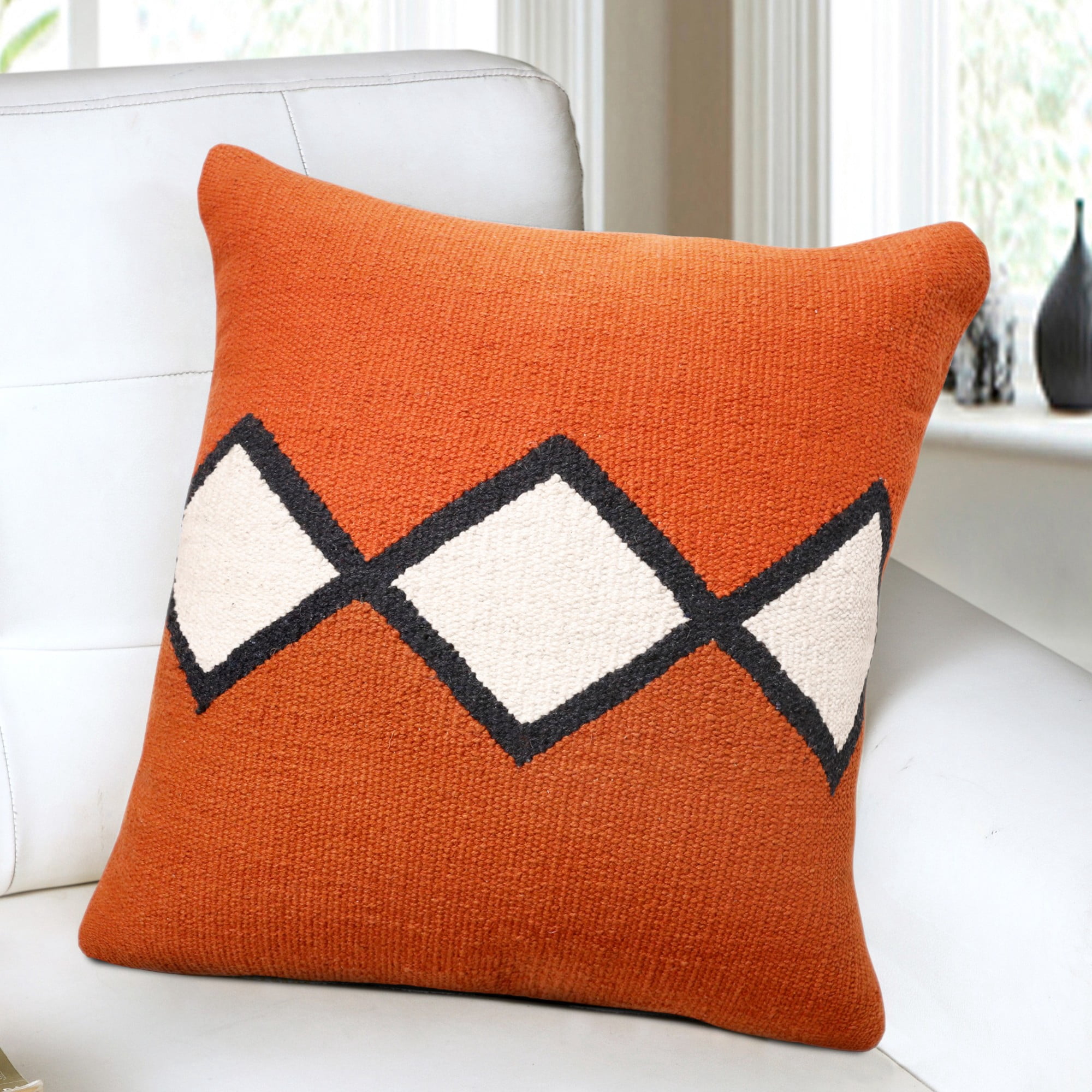 Laddha Home Designs Handwoven Embroidered Diamond Cotton Throw Pillow Cover - 20" - Orange and White