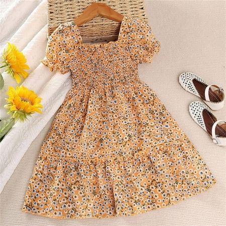 

2DXuixsh Girl Dresses Size 10 Kids Toddler Girls Sweet Dress Short Bubble Sleeve Floral Elastic Waist Summer A Line Princess Dress Outfits Birthday Outfit for 5 Year Old Girl Orange Size 4Y