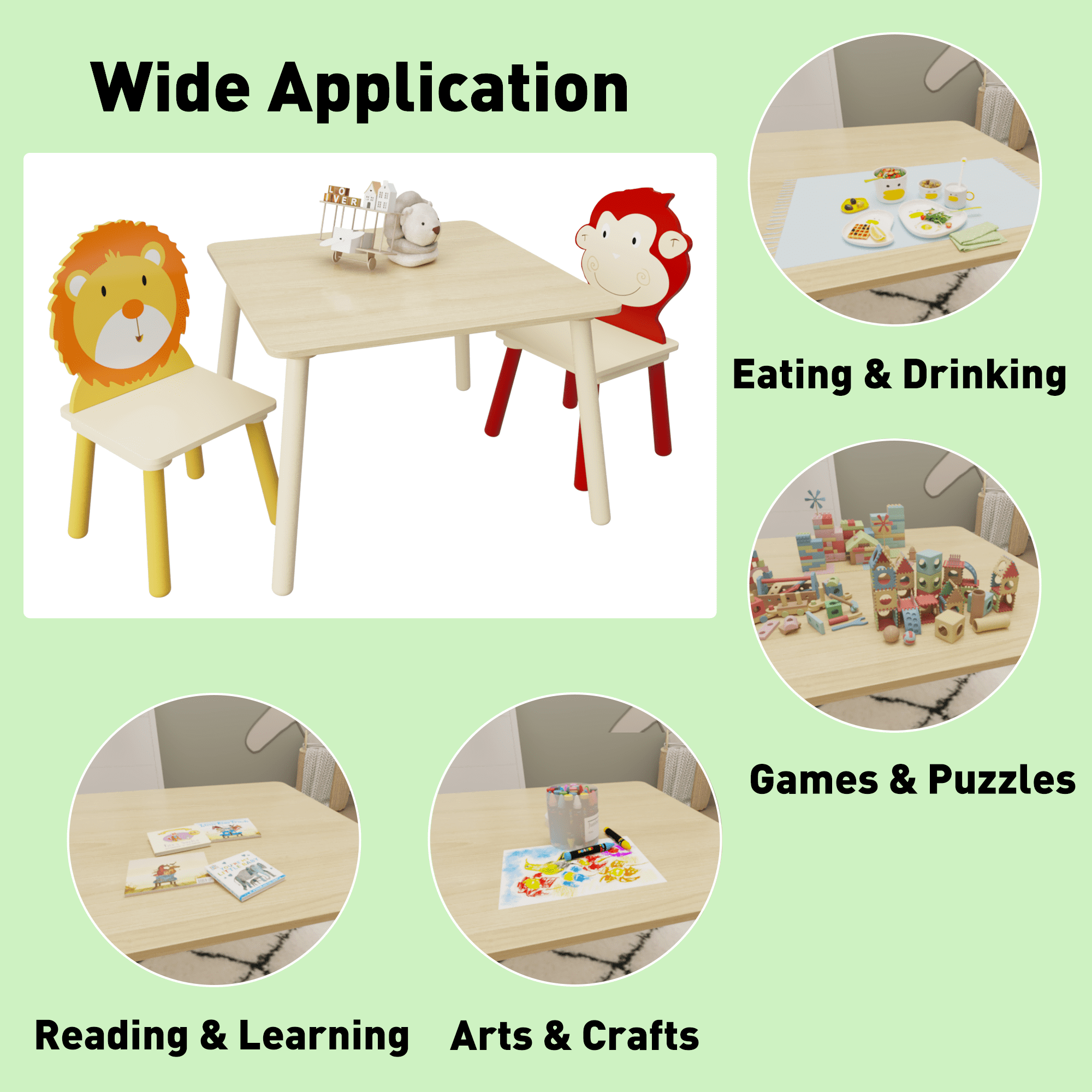 Aukfa Kids Table and Chairs Set, Wooden Play Table with 2 Animal Chairs for Toddlers, Girls, Boys