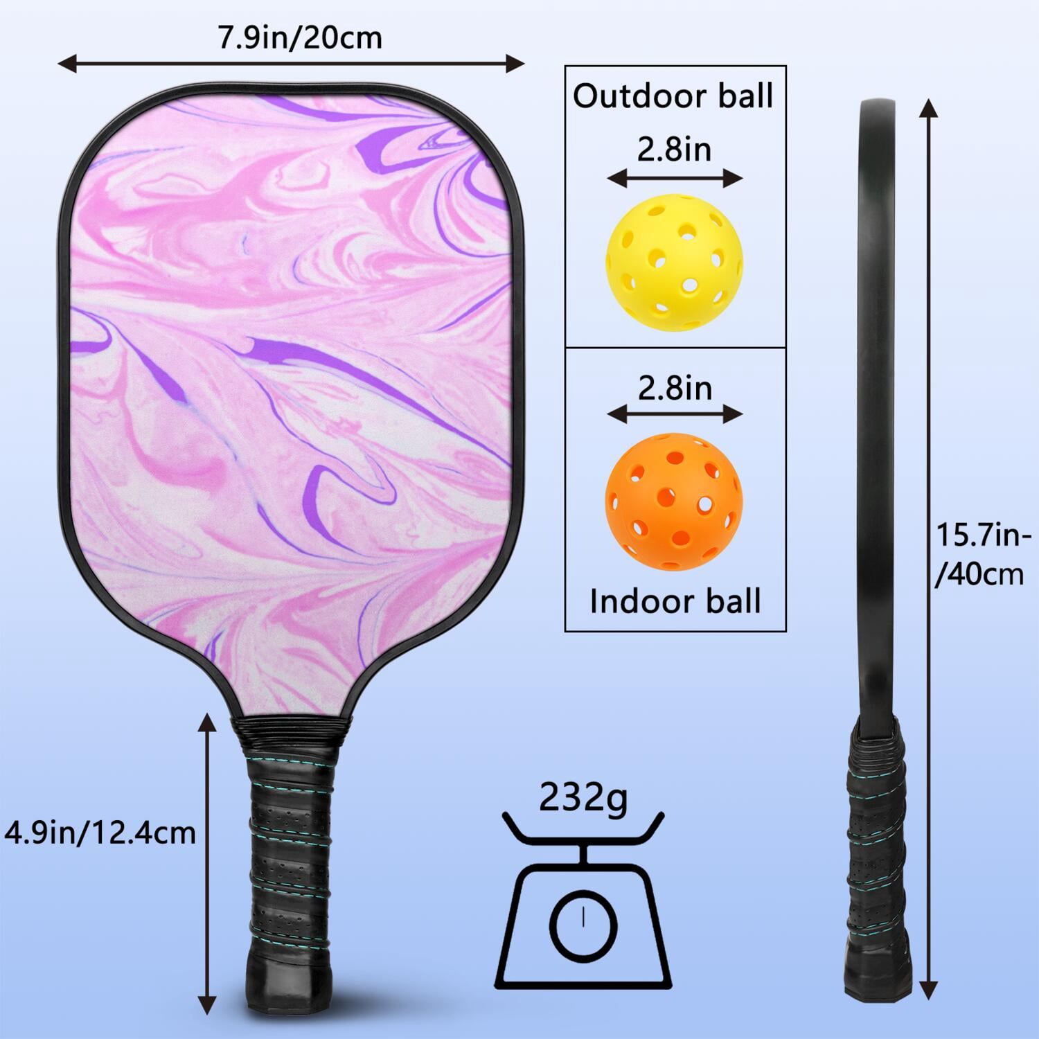 Pickleball Paddles Set Of 1, Fiberglass Surface, Liquid & Marble Print, 1 Paddles, 2 Balls & Bag