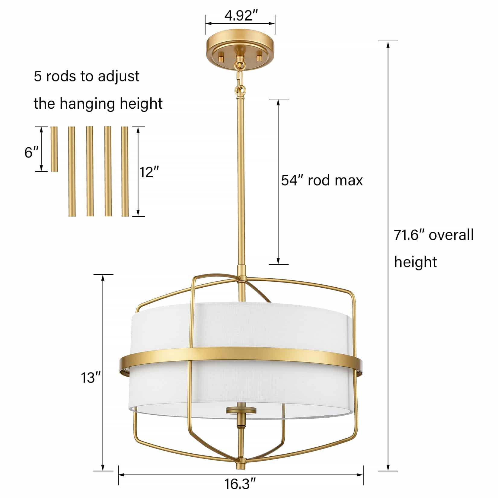 Modern Gold Chandelier Light 3-Light Drum Shade Pendant Light Fixture for Dining Room