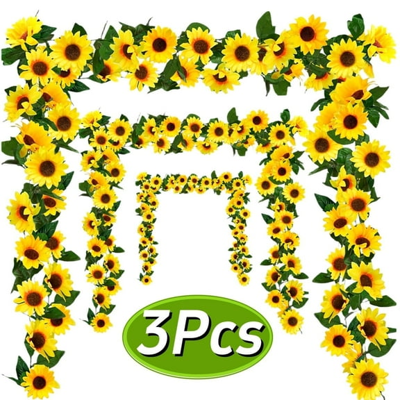 Artificial Sunflower Garland Silk Sunflower Flowers Vine with Leaves for Garden Weddings Arch Decor Home Party Table Wall Backdrop Decorations 3PCS