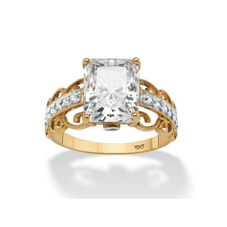 10k Gold Scroll Ring - 3.34 TCW Emerald-Cut Cubic Zirconia Scroll Ring in Solid 10k Gold