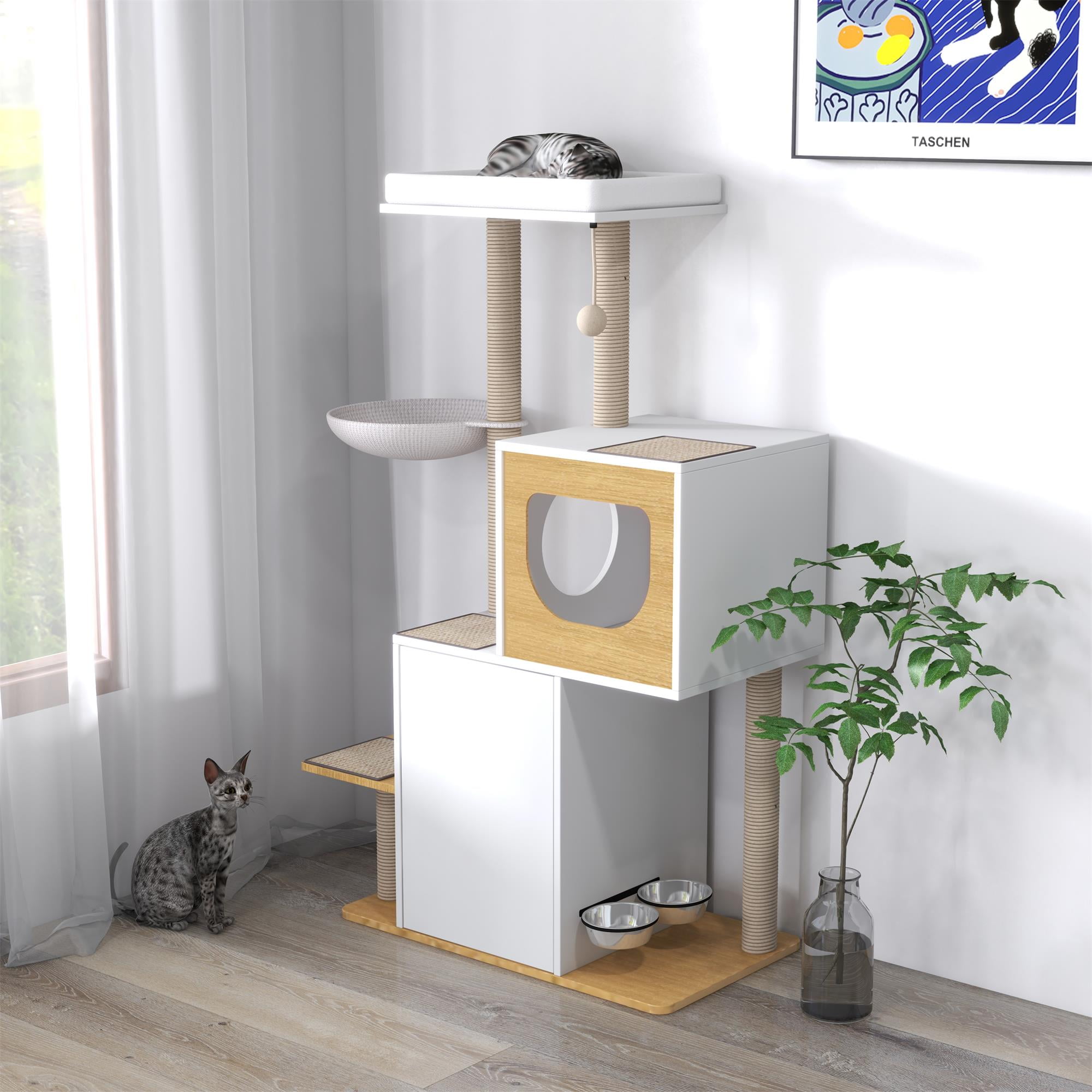 Pefilos 50" Wood Cat Tree Tower Multi-Level Cat Condo with Sisal Scratching Post for Indoor Kitten Activity Centre Furniture, White Pefilos 50" Wood Cat Tree Tower Multi-Level Cat Condo with Sisal Scratching Post for Indoor Kitten Activity Centre Furniture, White