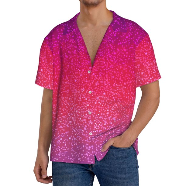 Fotbe Light Purple Glitter Camisa Estampada de Manga Corta para Hombre, Casual de Verano, Estilo Playero, Sin Arrugas-Medium