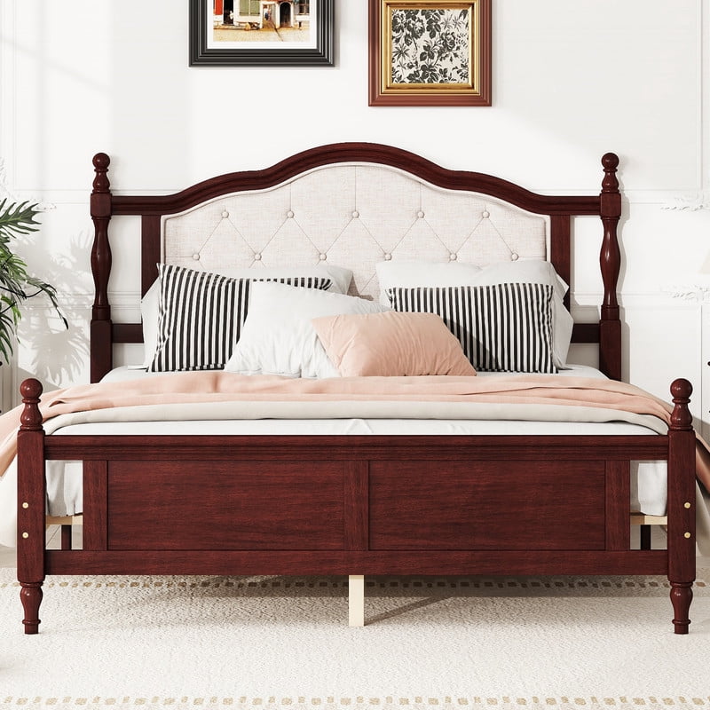 Duxelifin Queen Size Bed Frame with Upholstered Headboard and Footboard, Wood Platform Bed with Bed Rail Support Feet, Wood Slat Support, No Box Spring Needed, Cherry