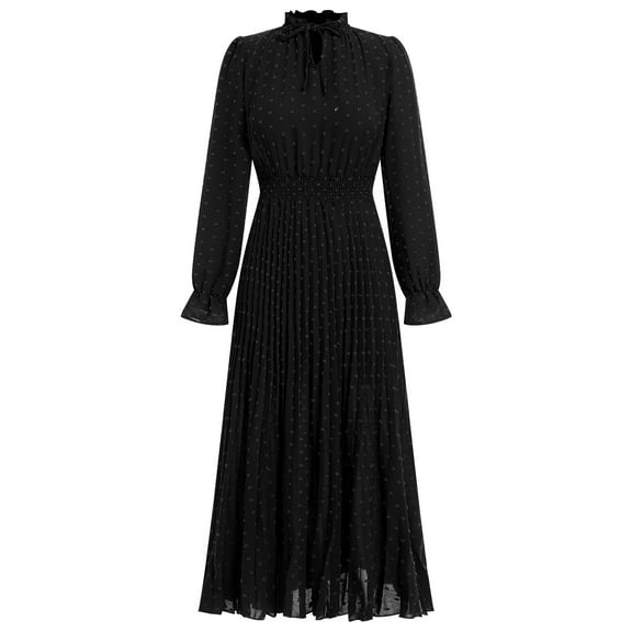 OBEEII Women Fall Winter Dress Loose Fit Daily Outfits Swiss Dot Long Maxi Dresses Comfy Solid Color Black Swing Dress 2024