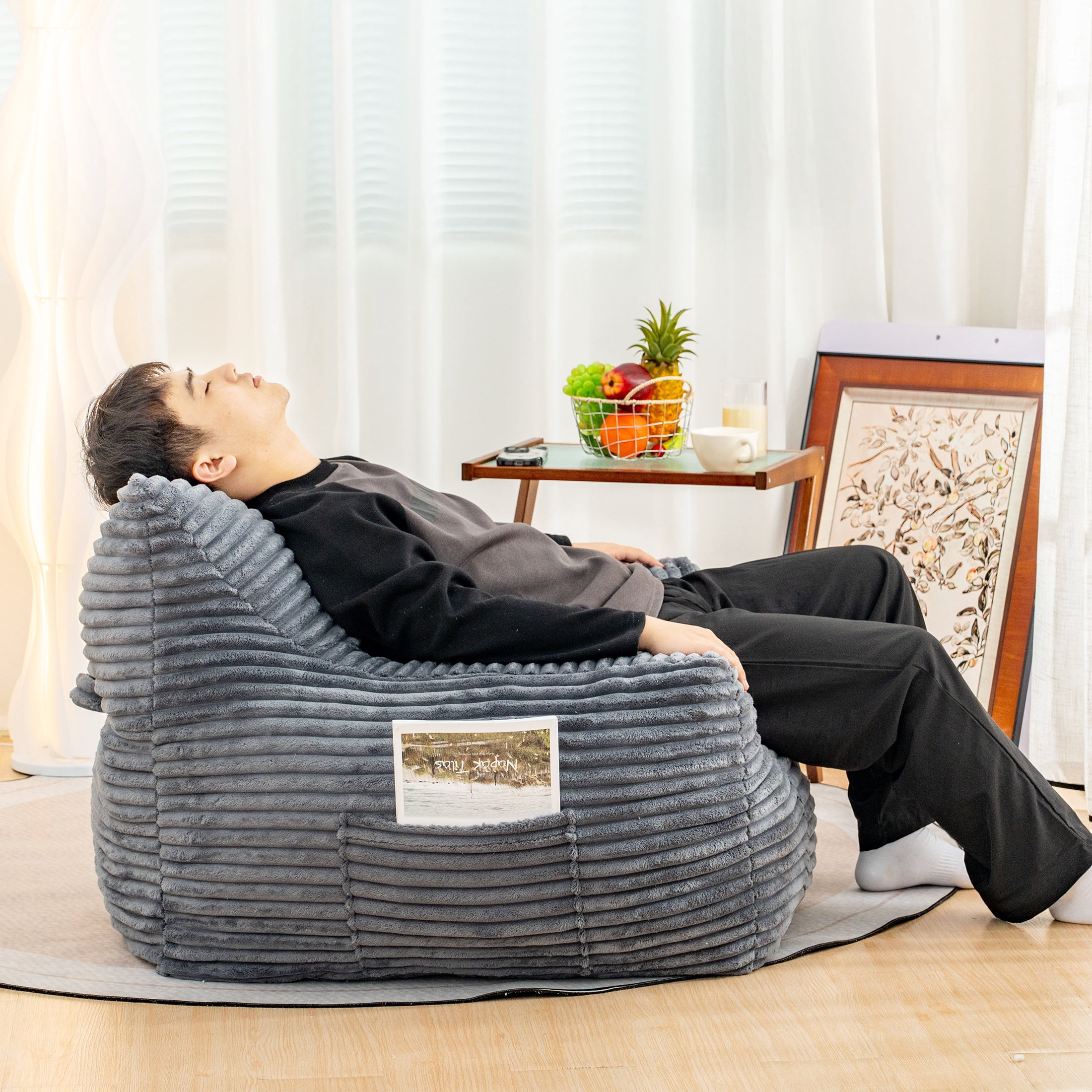 HSUNNS Bean Bag Chair, Ergonomic Design Floor Sofa with Anti-Slip Bottom for Adults and Teens, Corduroy Single Cloud Mini Couch for Living Room and Bedroom, Gray