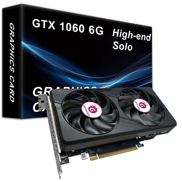 tarjeta gráfica para computadora gpv/hoso gtx 1060 6gb gddr5 192bit vista 3/4 frontal con doble ventilador en carcasa negra y logos GPVHOSO, PCB y conector PCIe x16 expuestos, salidas de video (HDMI y DisplayPort) en el bracket visibles, caja de producto negra con texto 'GTX 1060 6G' al fondo; a menudo se usa para juegos exigentes y configuraciones VR multimonitor.