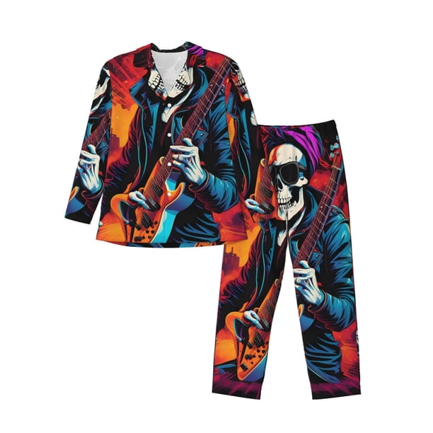 Fotbe Rock Skull Singer Pijama de Hombre con Estampado de Manga Larga, Conjunto de 2 Piezas, Ropa de Dormir Suave y Cómoda con Bolsillos-Medium