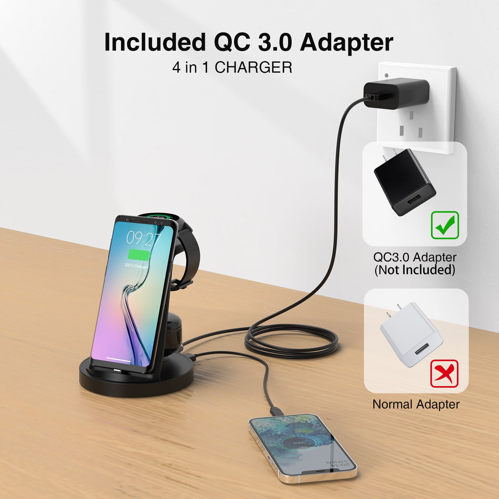 Suitable for Apple Samsung mobile phone headset wireless charging stand three-in-one desktop vertical fast charging wireless charging base,W-05 Samsung model,TYPE-C-QC3.0