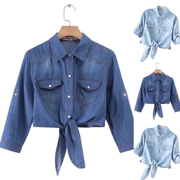 Zynoxe Womens Denim Jackets Casual Long Sleeve Button Down Tie Front Plus Size Denim Shirts Summer Cropped Jean Jackets with Pockets Blue S