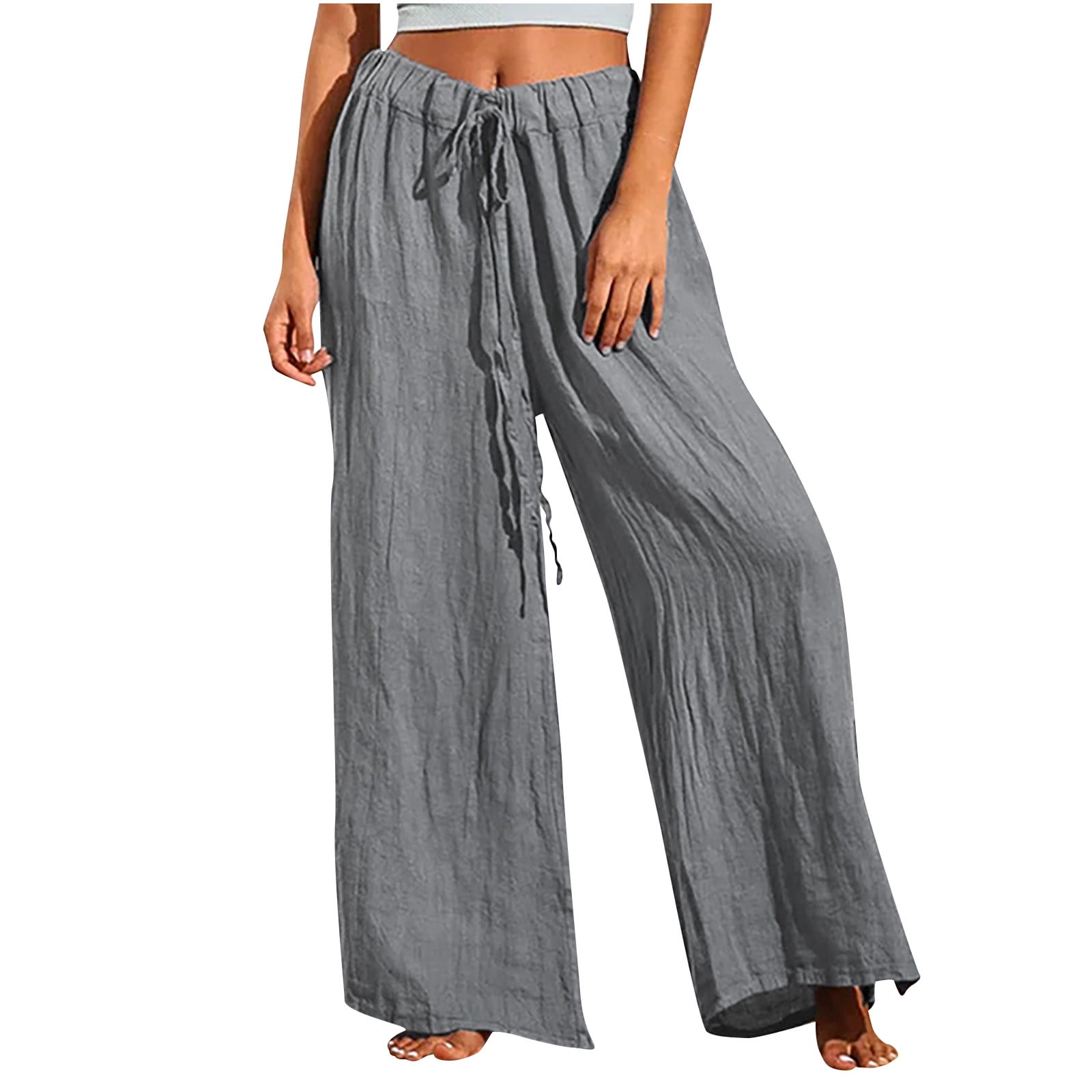 Blvb Linen Pants For Women Elastic High Waisted Wide Leg Palazzo Pants Solid Casual Baggy Loose Fit Flowy Beach Trousers Grey