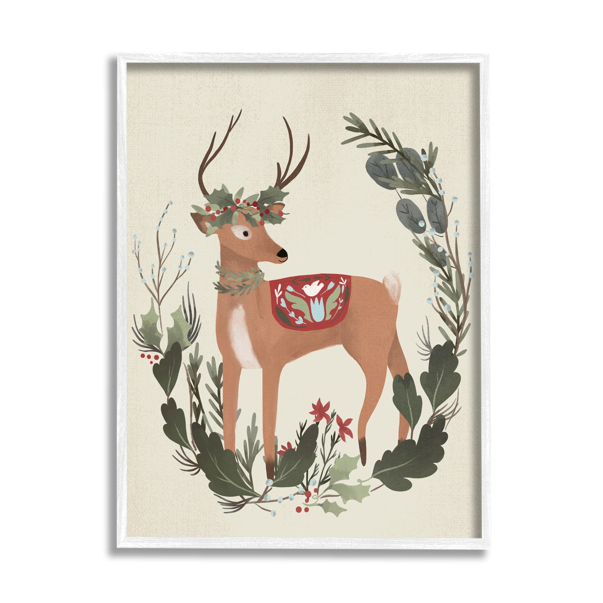Peaceful Deer Festive Holiday Leaf Border Collage Animals & Insects Painting Framed Art Print Wall Art