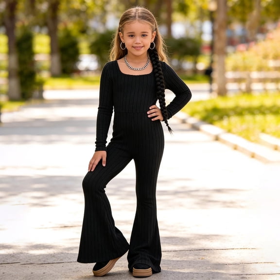 Xijirk Girls' Ribbed Knit Jumpsuit Square Neck Long Sleeve Flare Leg Casual Outfit,5-6 Years