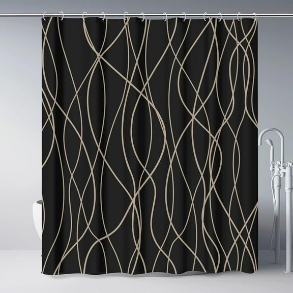 Black and Brown Striped Wavy Line Polyester Shower Curtain for Bathroom with Hooks, Weighted Hem, Waterproof Bath Accessories Hotel Style, 72 x 72
