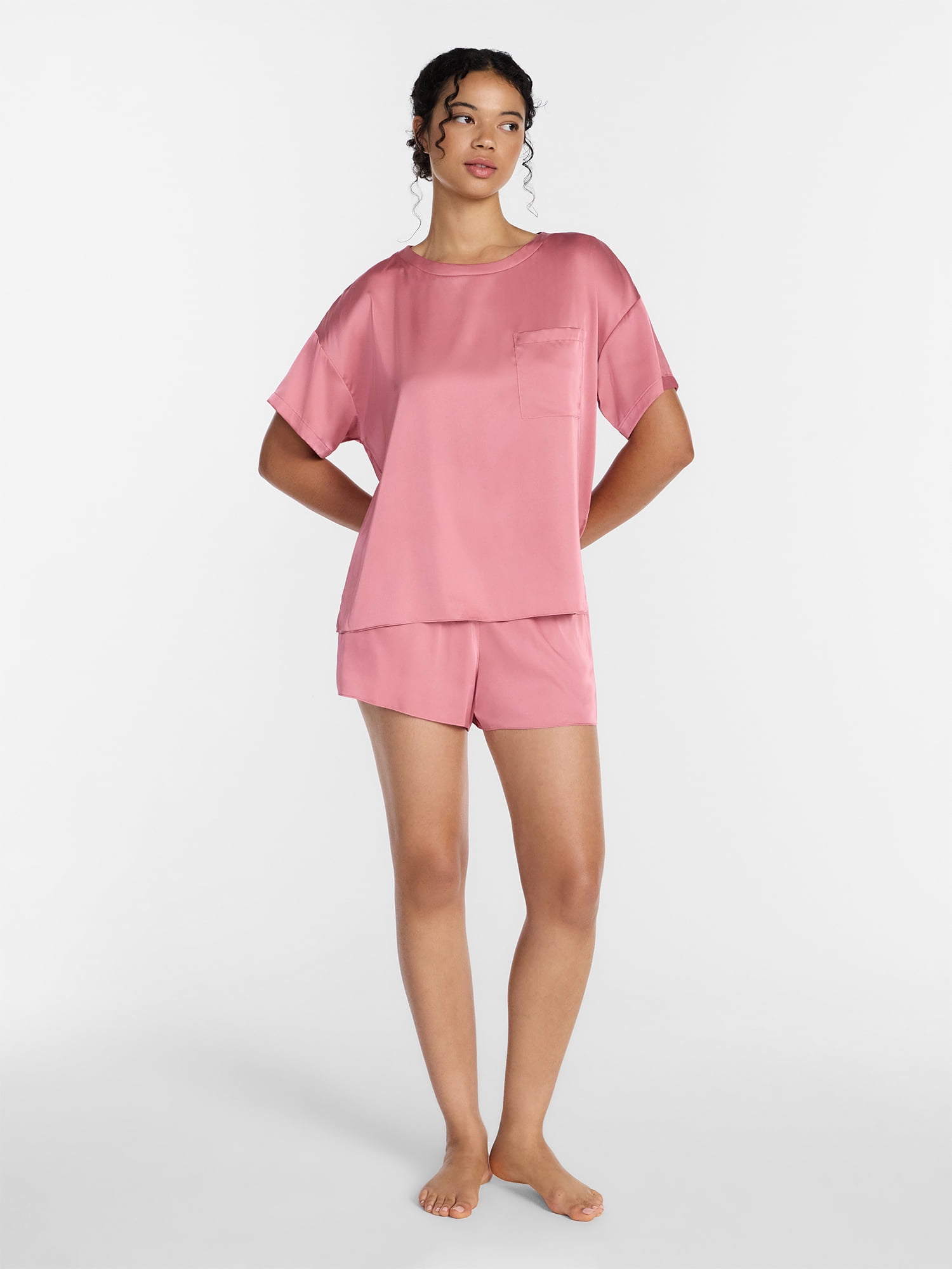 Joyspun Women’s Short Sleeve Stretch Satin Top and Shorts Pajama Set, 2-Piece, Sizes XS-3X